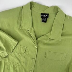 Notations Woman Plus 2X 100% Silk Button Up Shirt Green Short Sleeve Top